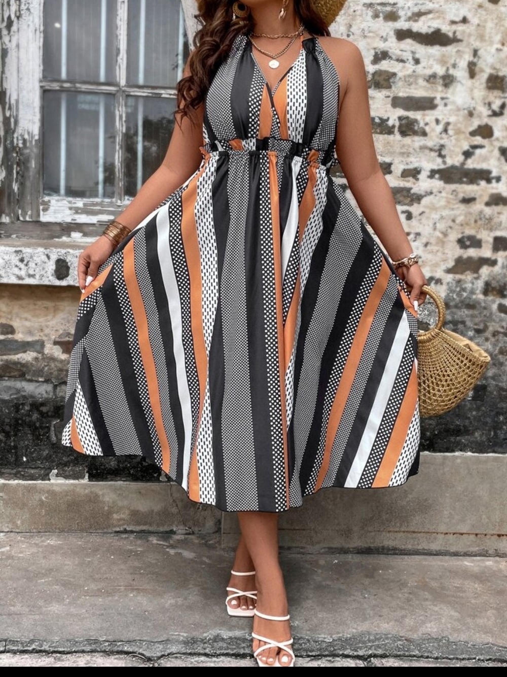 SHEIN Black, White & Tan Striped Halter Midi Dress